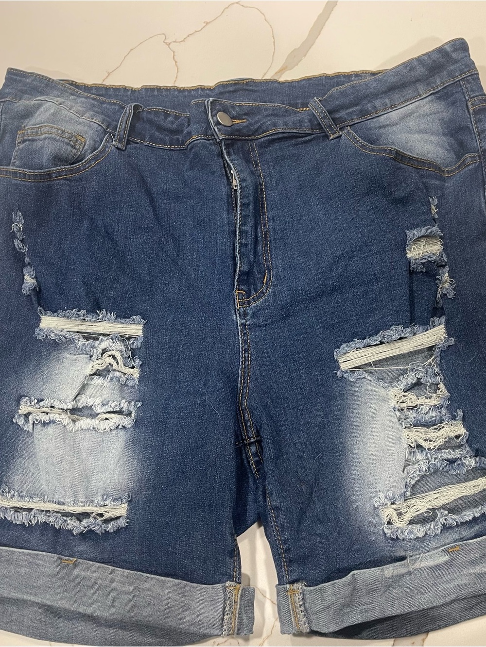 SHEIN Dark Blue Distressed Rolled Hem Denim Shorts